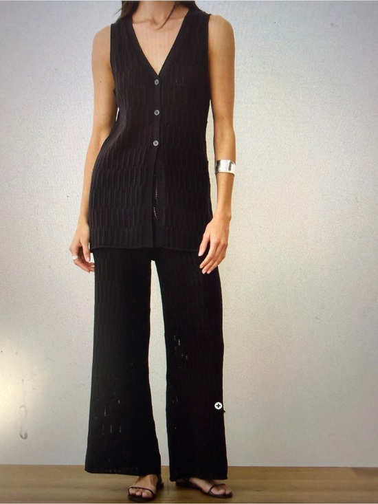 Marine Layer Sweaters - Marine Layer Sleeveless V-Neck Crochet Knit Top & Wide-Leg Pants - Black - Small